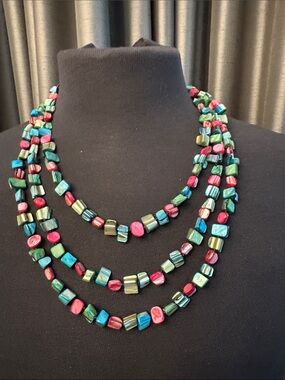Three-Strand Multi-Bead Necklace in Teal, Red, and Green